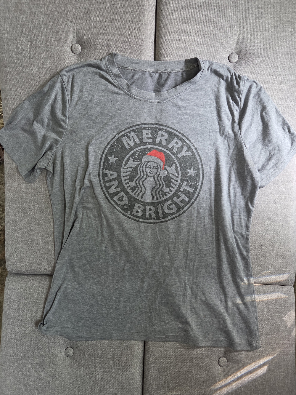Gray 'Merry and Bright' Starbucks Graphic Christmas Tee Shirt Top 2XL